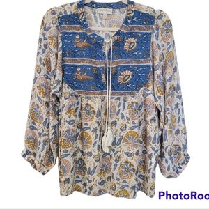 Lucky Brand Print Mix Boho Split Neck Peasant Blouse with Tassels Medium